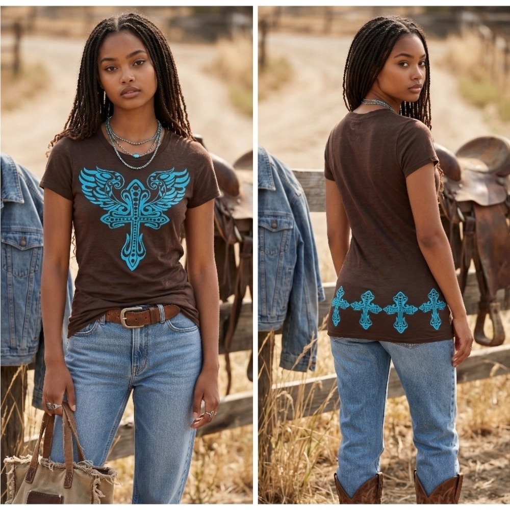 Y2K Attitude Apparel Womens Winged Cross SS Burnout Graphic Tee Brown Teal XL
